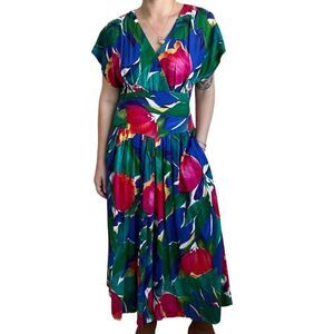 Vintage 80s Womens Reo Tropical Floral Multicolor Beach Maxi Boho Dress Sz M